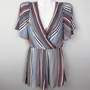 Trixxi Striped Romper V Neck Tie Back Flutter Sleeve Casual Summer Jumpsuit Sz S